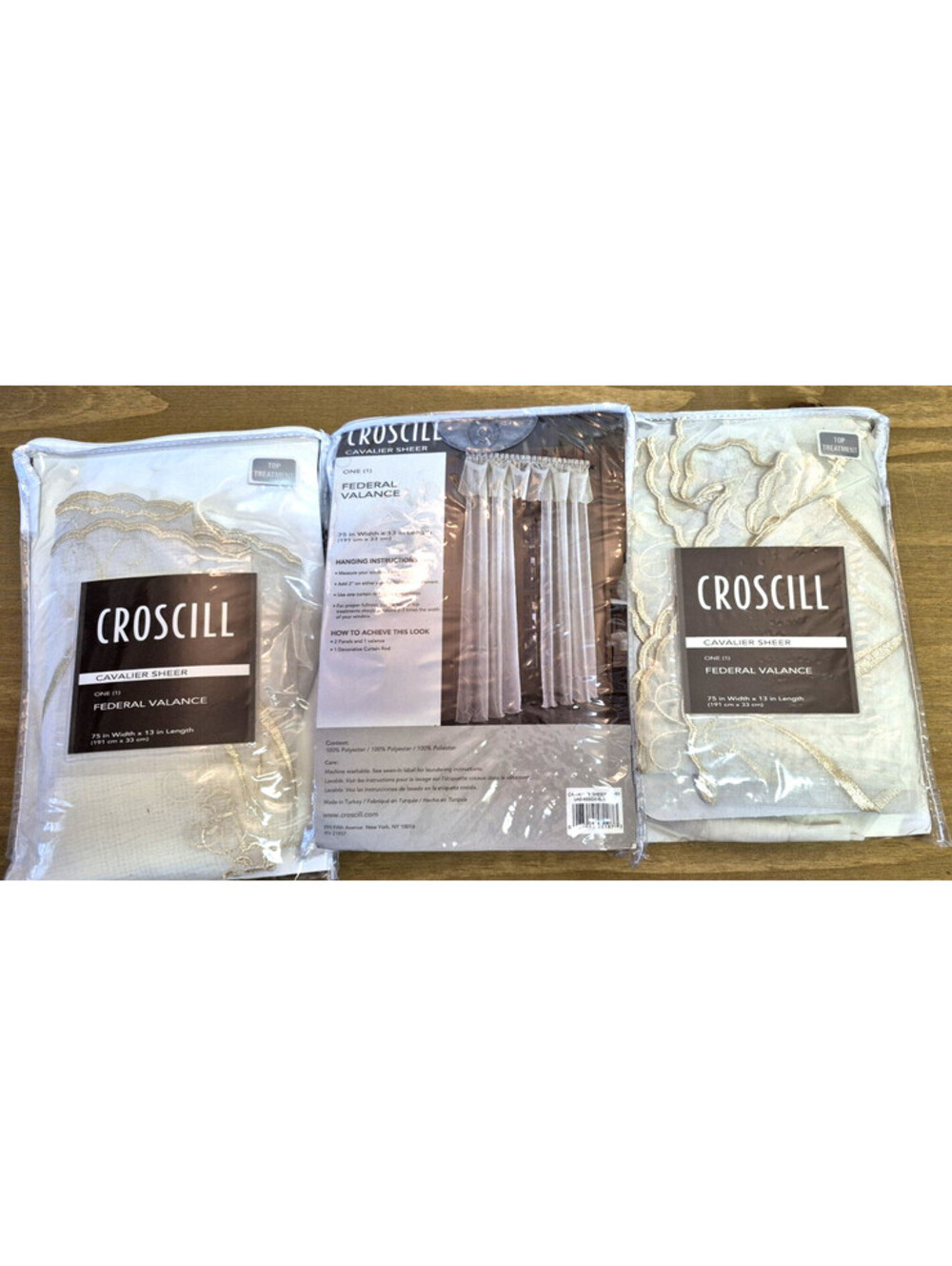 New! Set of 3 Croscill Cavalier Sheer Federal Valance Curtains 75" x 13"